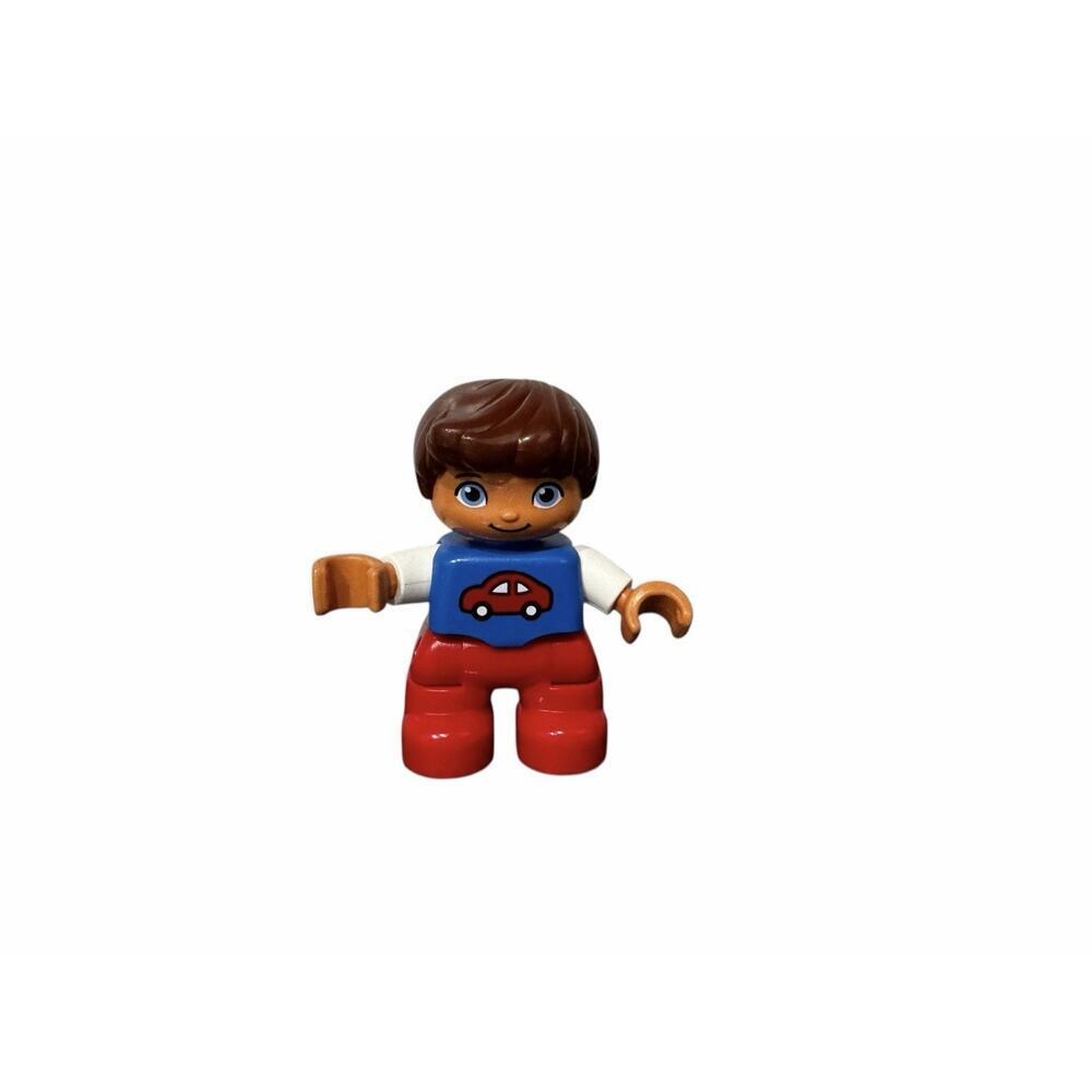 Lego Duplo 2.5” Figure Red Pants Blue Top W/ Car Graphic Brown Hair